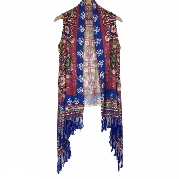 SOHO CHICK Knit Wrap Open Cardigan Fringe Floral Boho Southwestern Size Medium - Picture 10 of 10